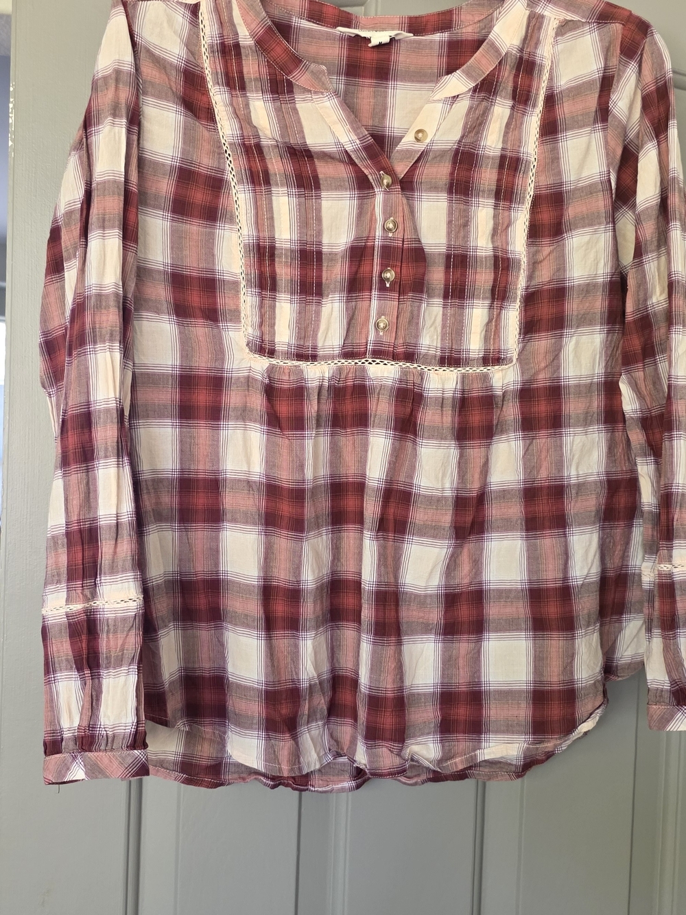 Lucky Brand Red and Cream Plaid Button Front Peasant Top